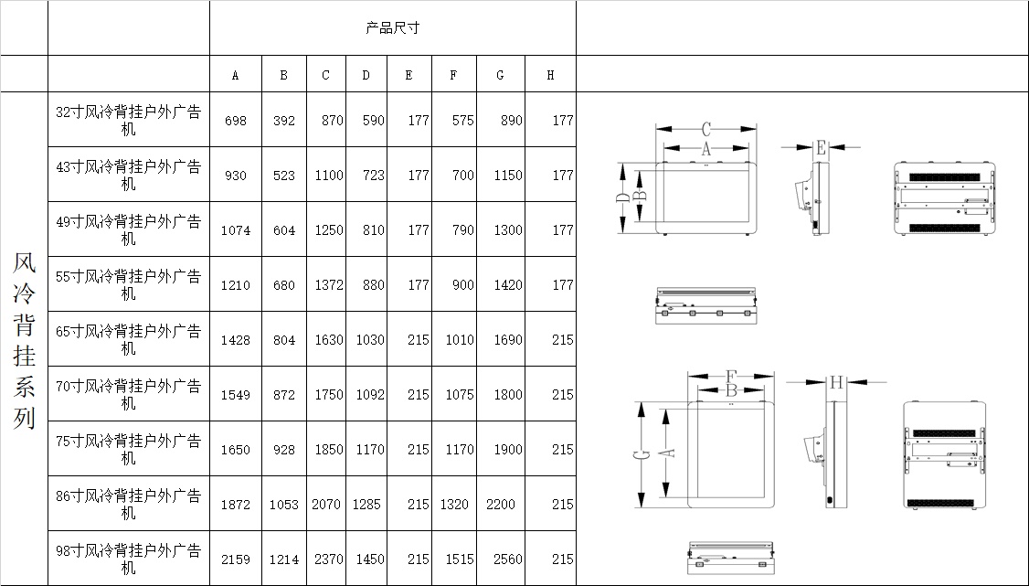 背挂户外广告机风冷款尺寸图
